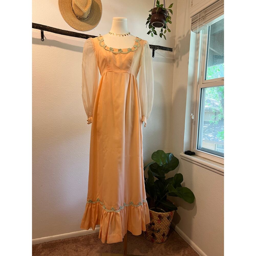 Vintage 60s Peach Green Floral Trim Princess Puffed Long Sleeve Dress Size Small - Picture 2 of 15